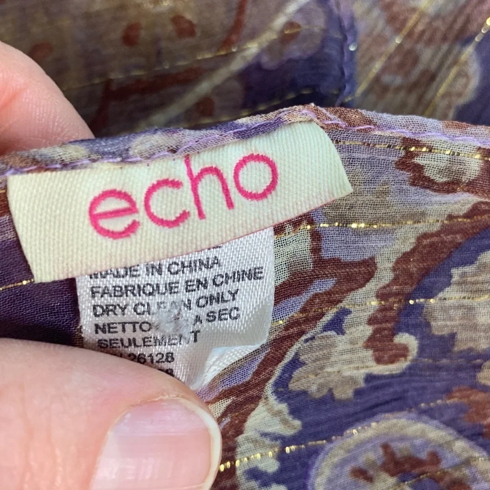 Echo silk scarf, purple with tan and ivory, paisley, print and metallic gold